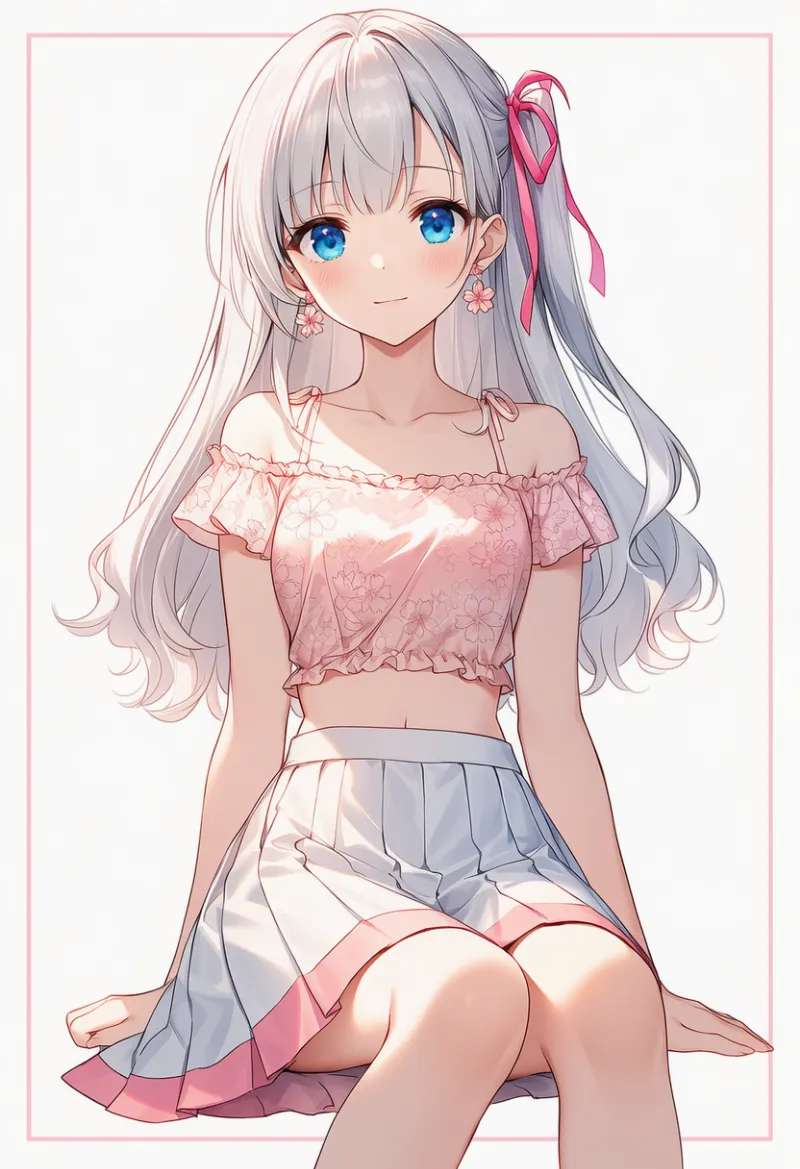 ピンク花柄オフショルトップ+白プリーツ:ガーリー系|春コーデのAIイラストとプロンプト