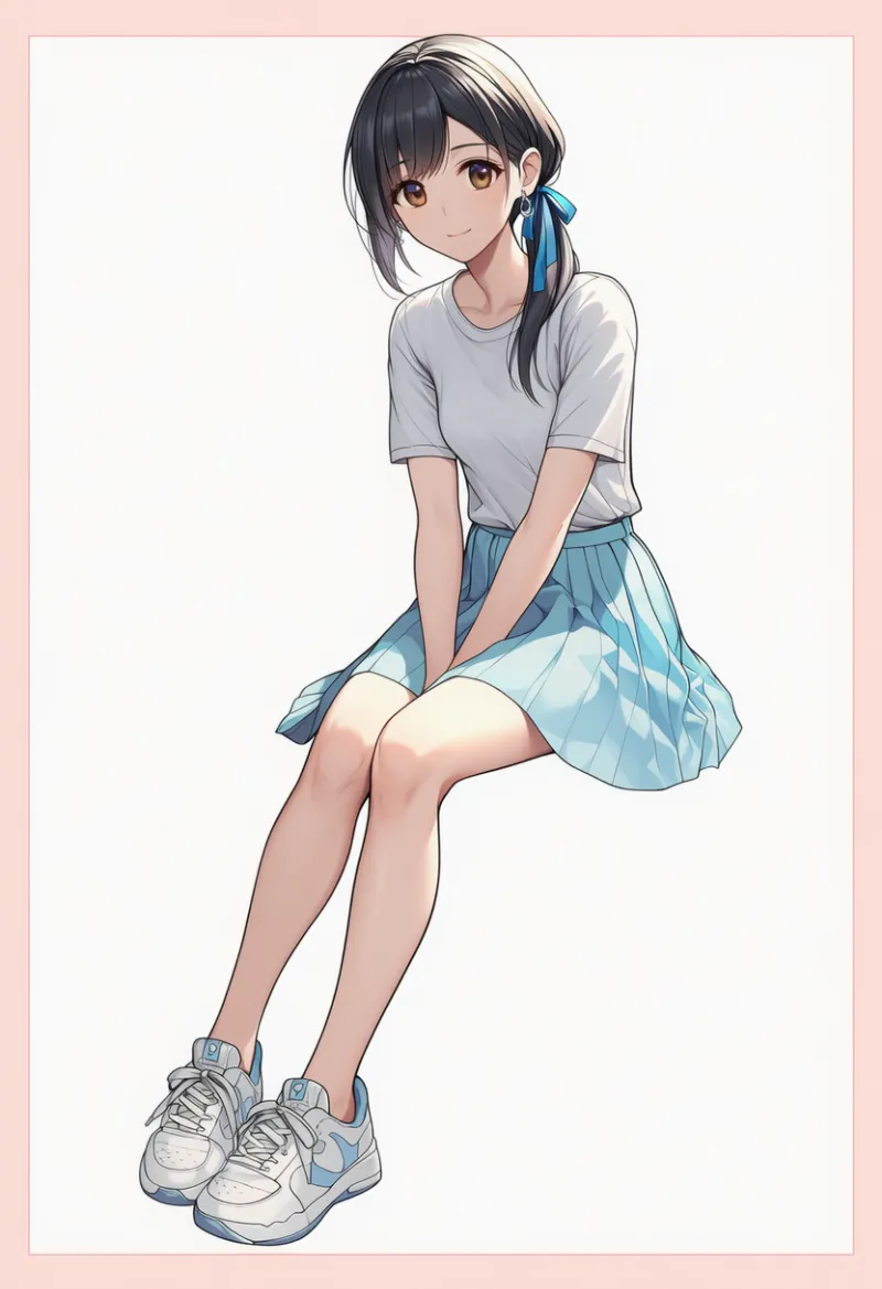 ブループリーツスカート+白Tシャツ:カジュアル系|春コーデのAIイラストとプロンプト