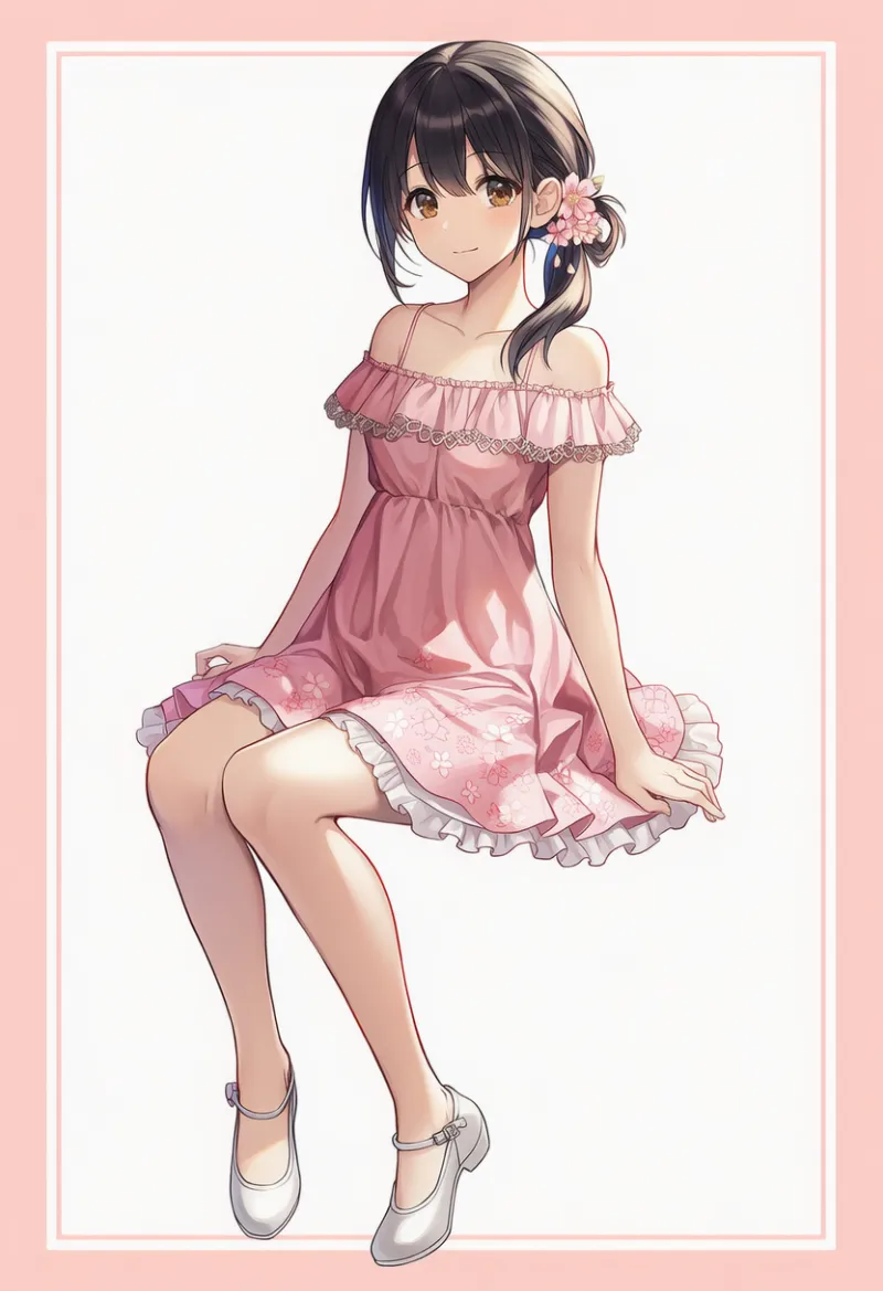 ピンクオフショルミニドレス:ガーリー系|春コーデのAIイラストとプロンプト