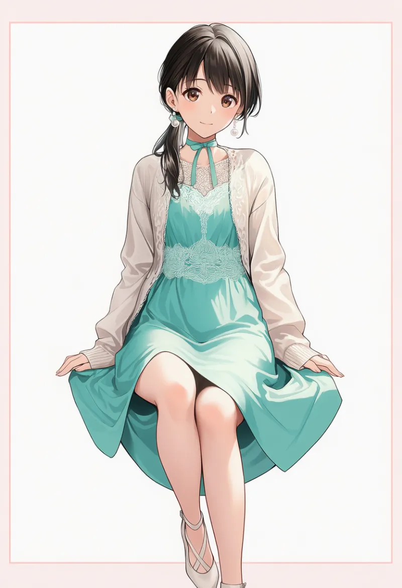 ミントグリーンレースワンピース:清楚お姉さん系|春コーデのAIイラストとプロンプト