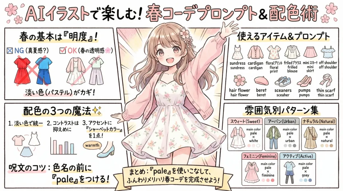 春コーデのプロンプト大全【AIイラスト】のまとめ用の図解イラスト(グラレコ)