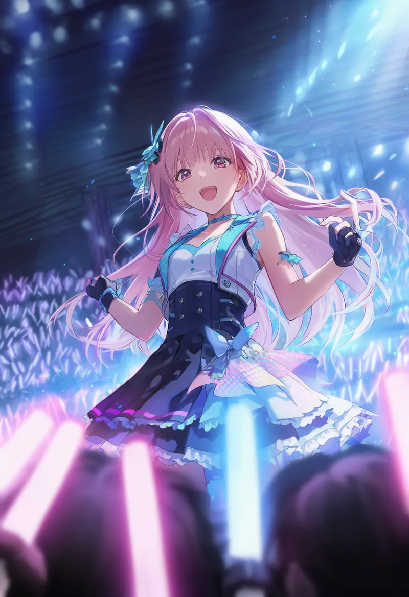 正面からアイドルを見上げる構図｜アイドルステージの構図のAIイラスト