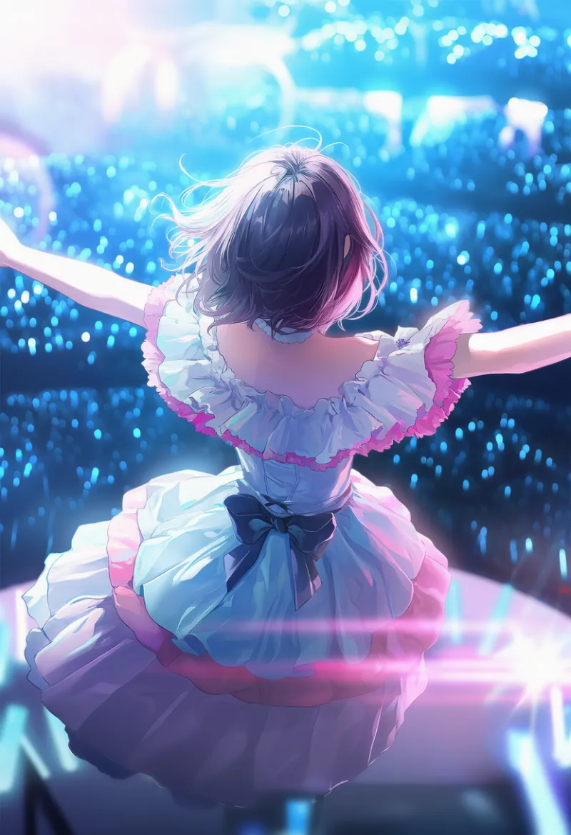 アイドルの後ろ姿と観客を入れる構図｜アイドルステージの構図のAIイラスト