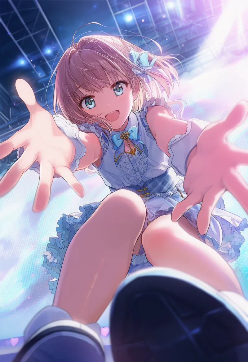 アイドルがステージから観客席に手を伸ばす構図｜アイドルステージの構図のAIイラスト