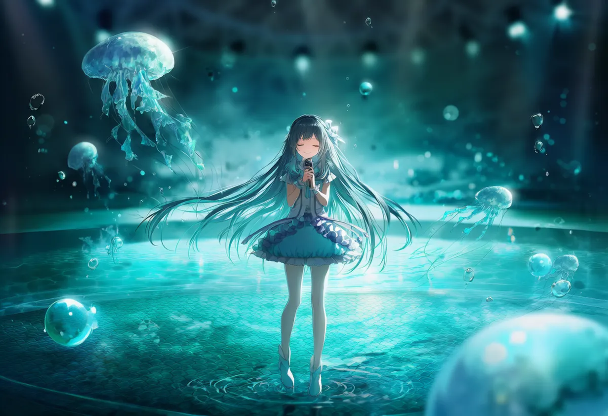 水中アクアリウム風ステージの作例のAIイラストとプロンプト紹介