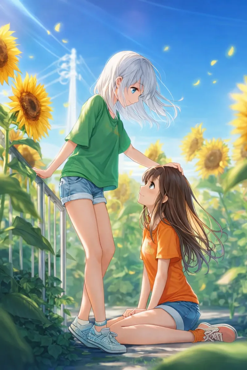 2人のキャラクターが横向き構図で向かい合うシーン｜AIイラスト