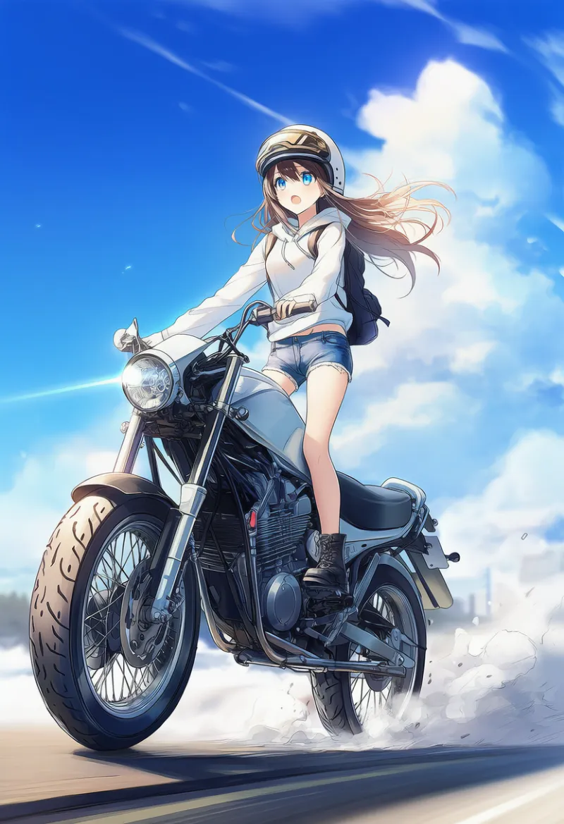 バイクの立ち乗りのプロンプトとAIイラスト
