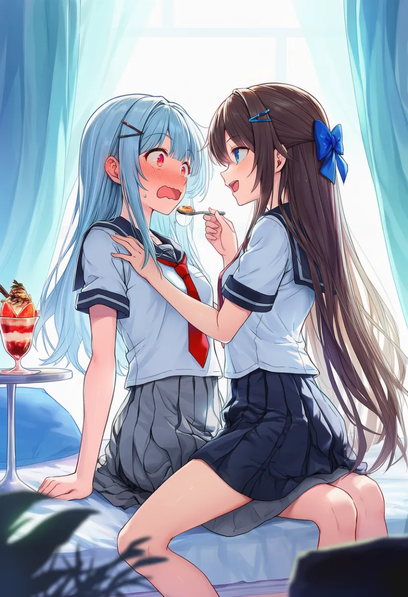 膝の上に跨って「あーん」するシーンのプロンプトとAIイラスト作例