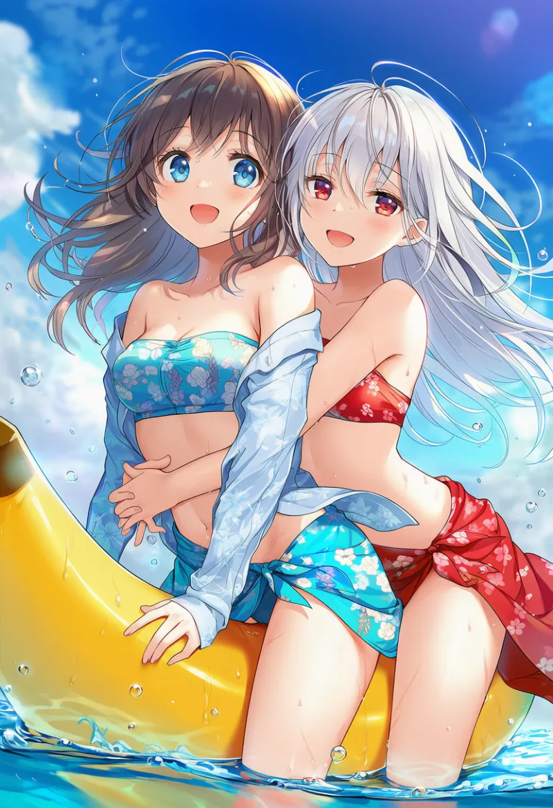 バナナボートに2人で跨る海水浴シーンのプロンプトとAIイラスト作例