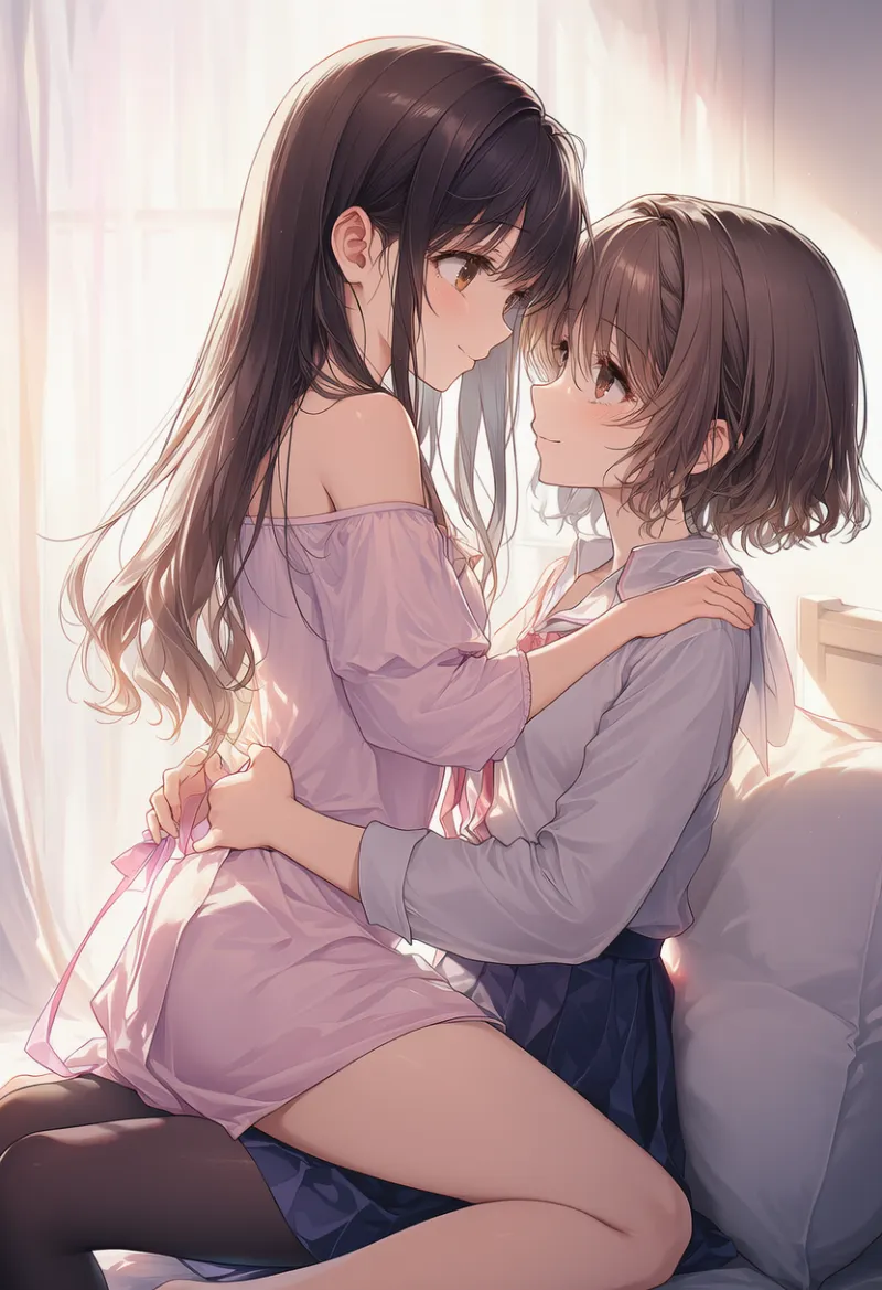 座っている相手に正面から跨るポーズのプロンプトとAIイラスト