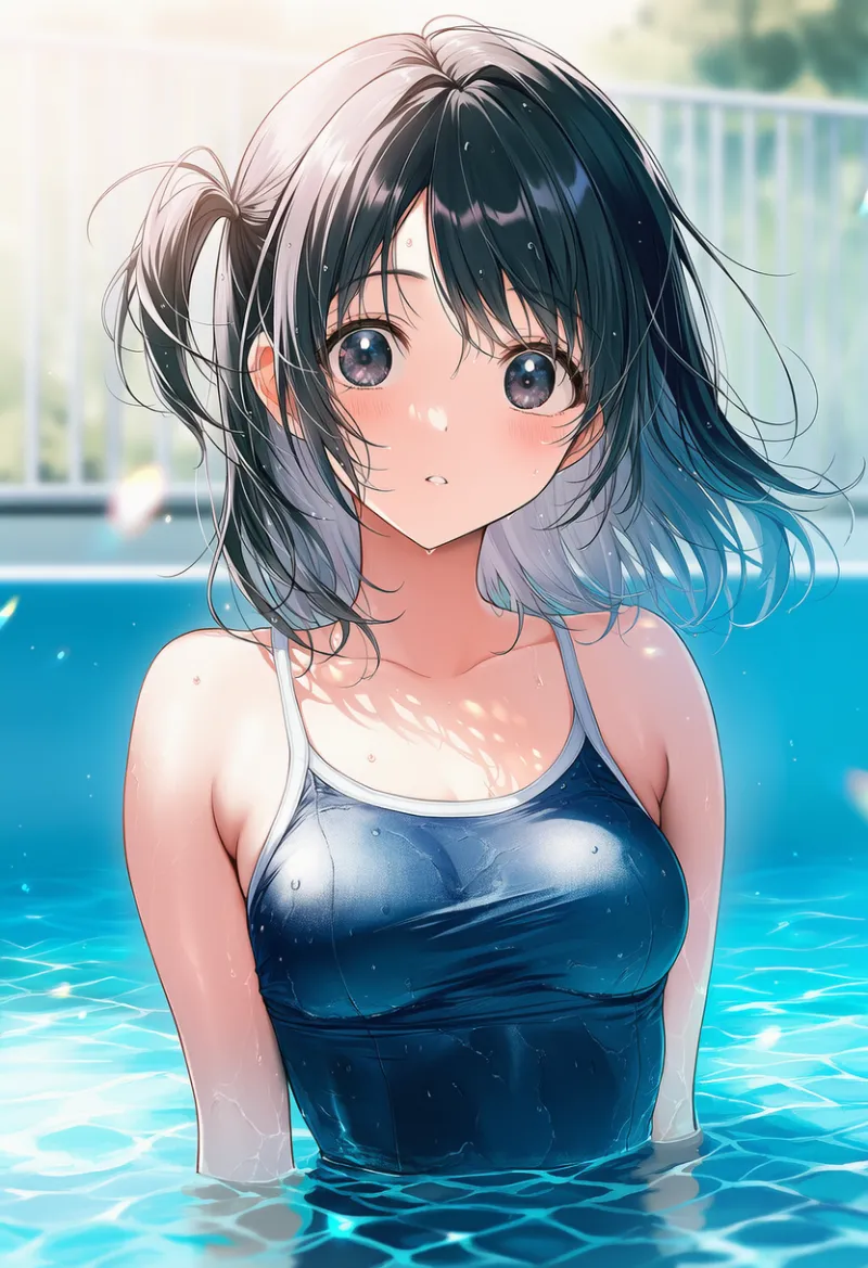 胸の生地が引っ張られたスクール水着のプロンプトとAIイラスト