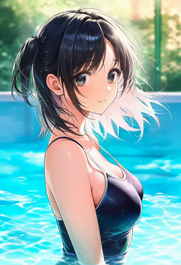 スクール水着の肩紐と胸の間の隙間のAIイラストとプロンプト紹介