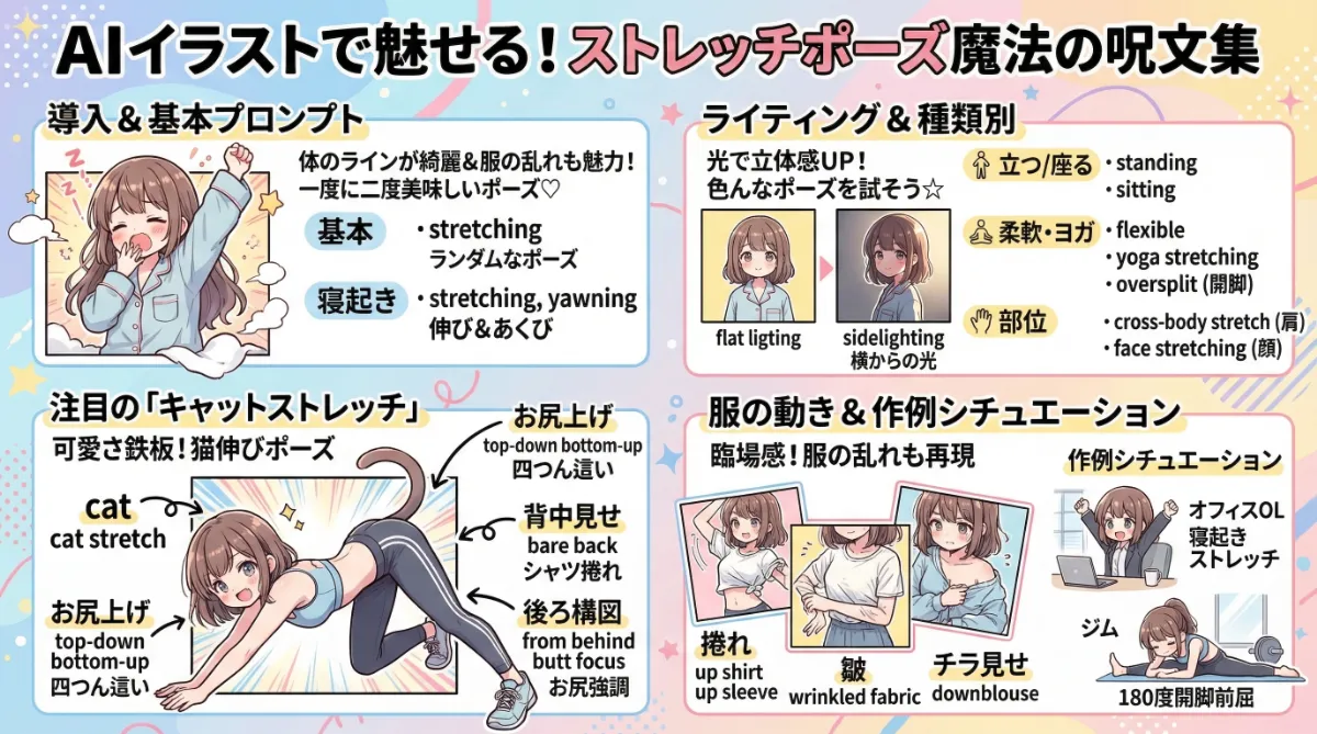 ストレッチのポーズのプロンプト集のまとめ用の図解イラスト（NovelAI用）