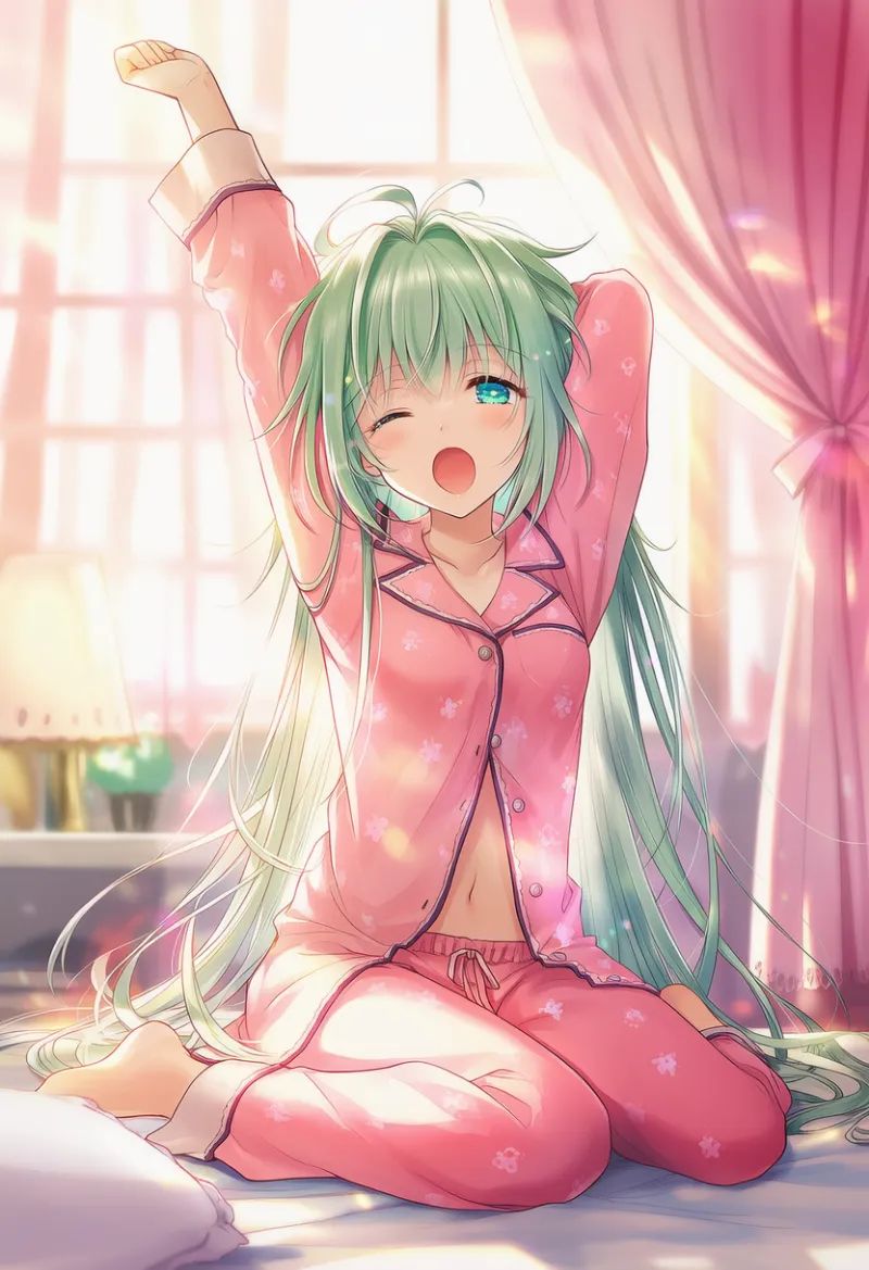 寝起きの伸び・あくびストレッチのプロンプト（stretching, yawning）とAIイラスト