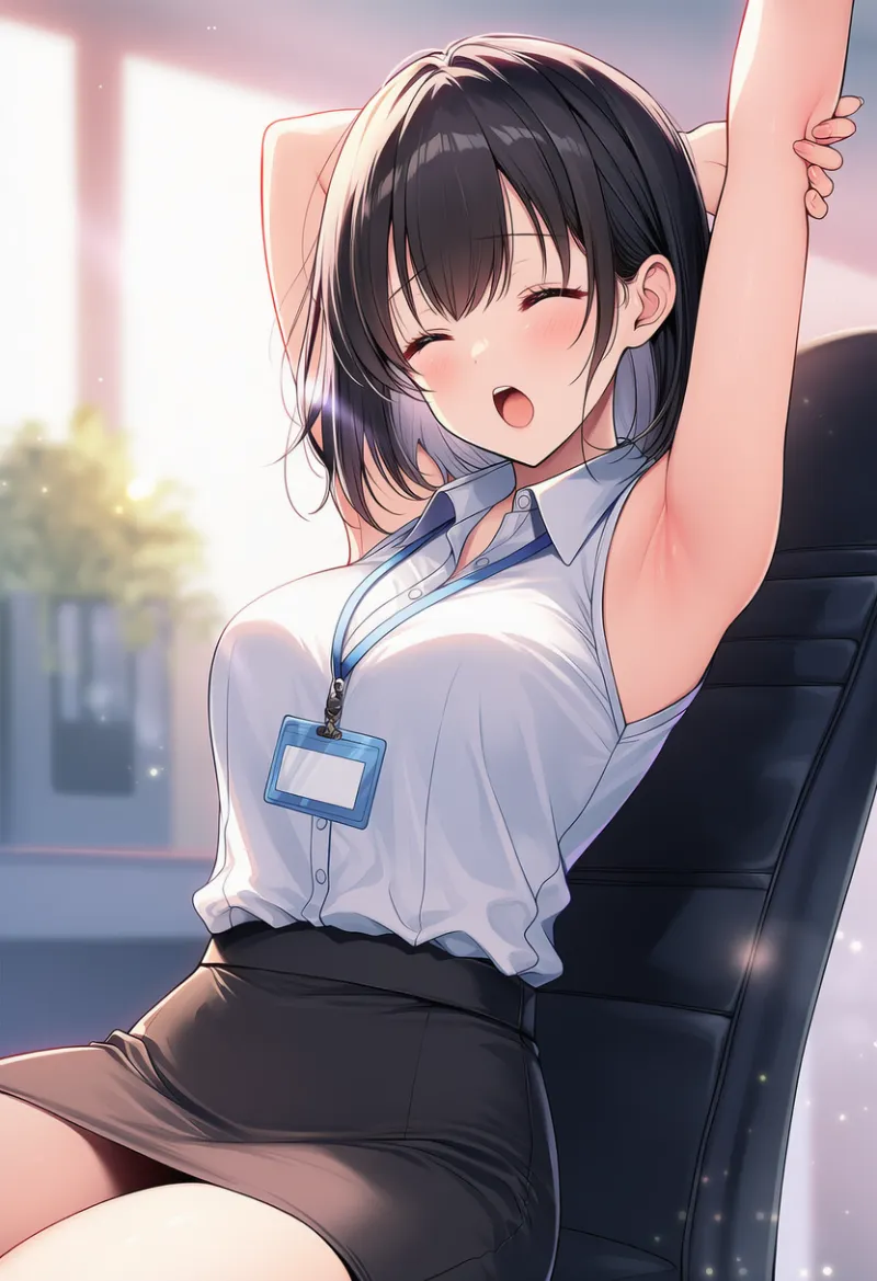 オフィスでOLが寝起きストレッチをするシーンのプロンプトとAIイラスト