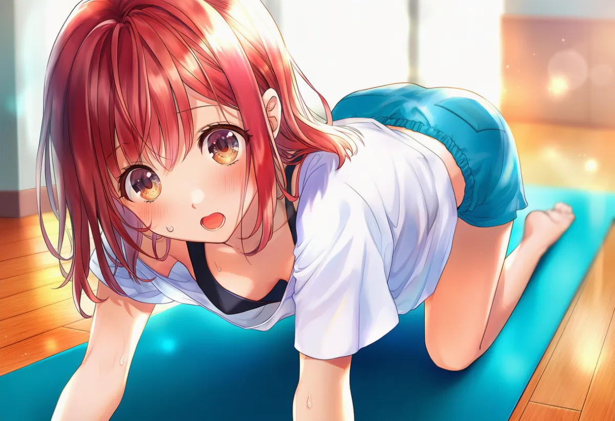 ヨガマットで四つん這いストレッチをするシーンのプロンプトとAIイラスト