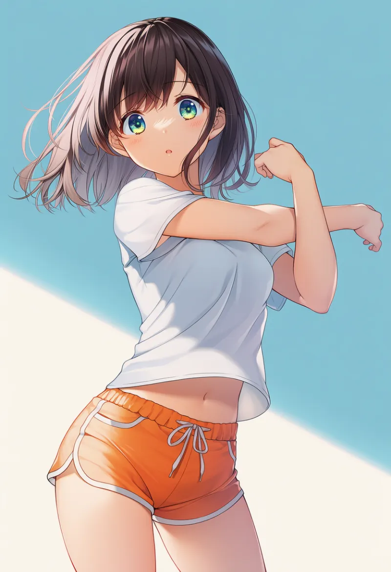 ストレッチ中の美少女にサイドライトを当てて輪郭を浮かび上がらせているAIイラストの作例