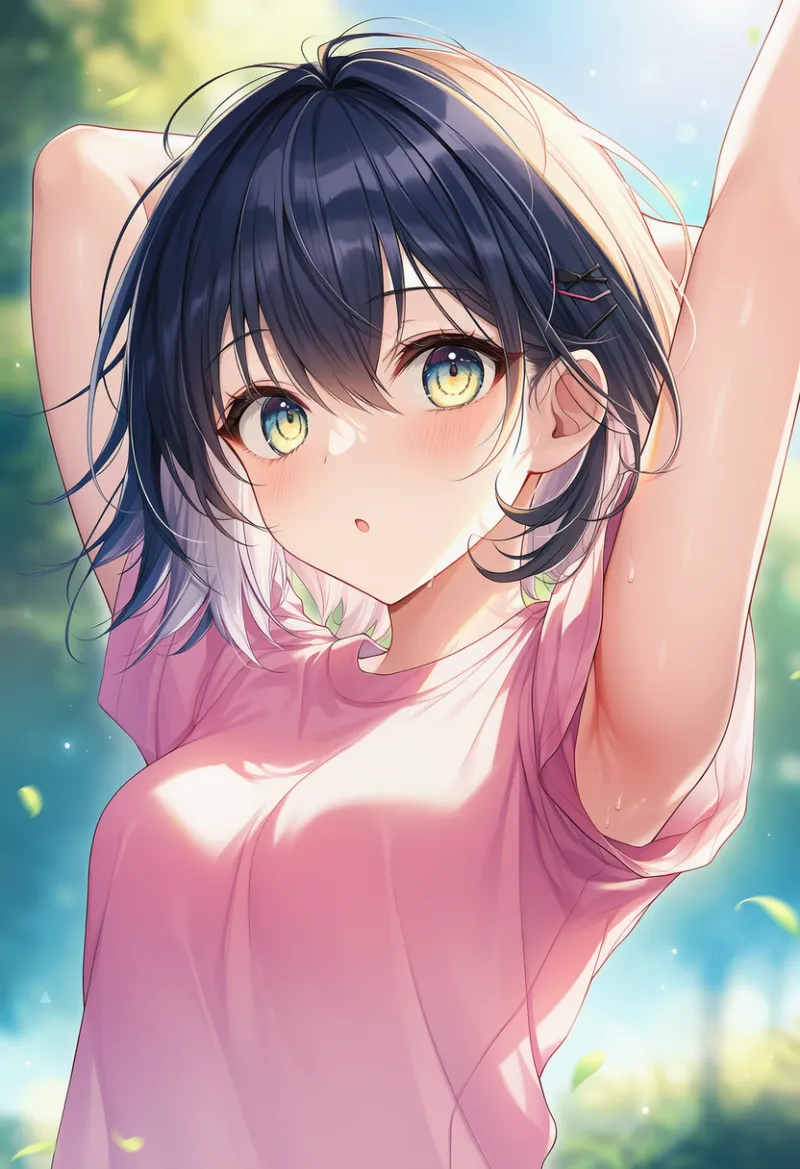 ストレッチでシャツの袖が捲れ上がるAIイラストとプロンプト紹介