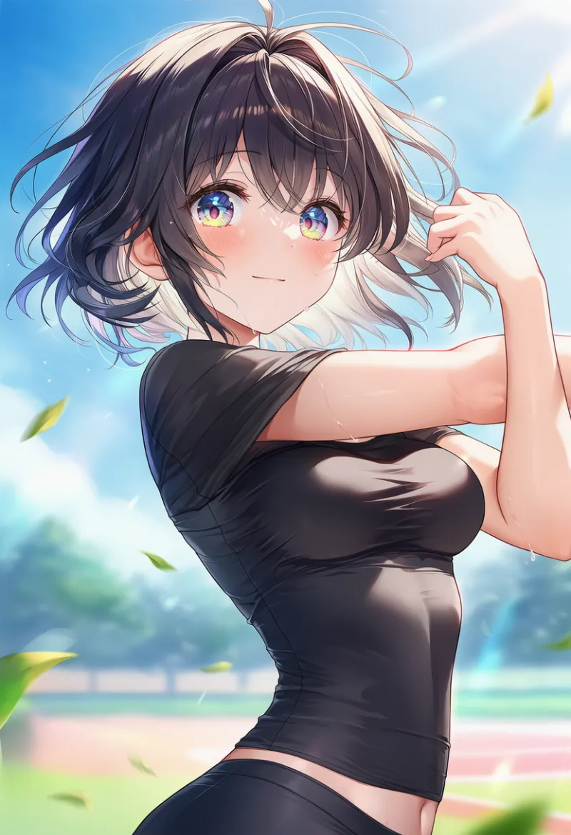 ストレッチでシャツの皺が強調されるAIイラストとプロンプト紹介