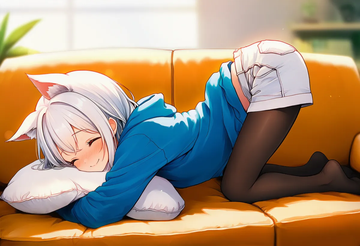 青フーディ × 白ショーツ × 黒パンストのソファシーンのAIイラストとプロンプト紹介