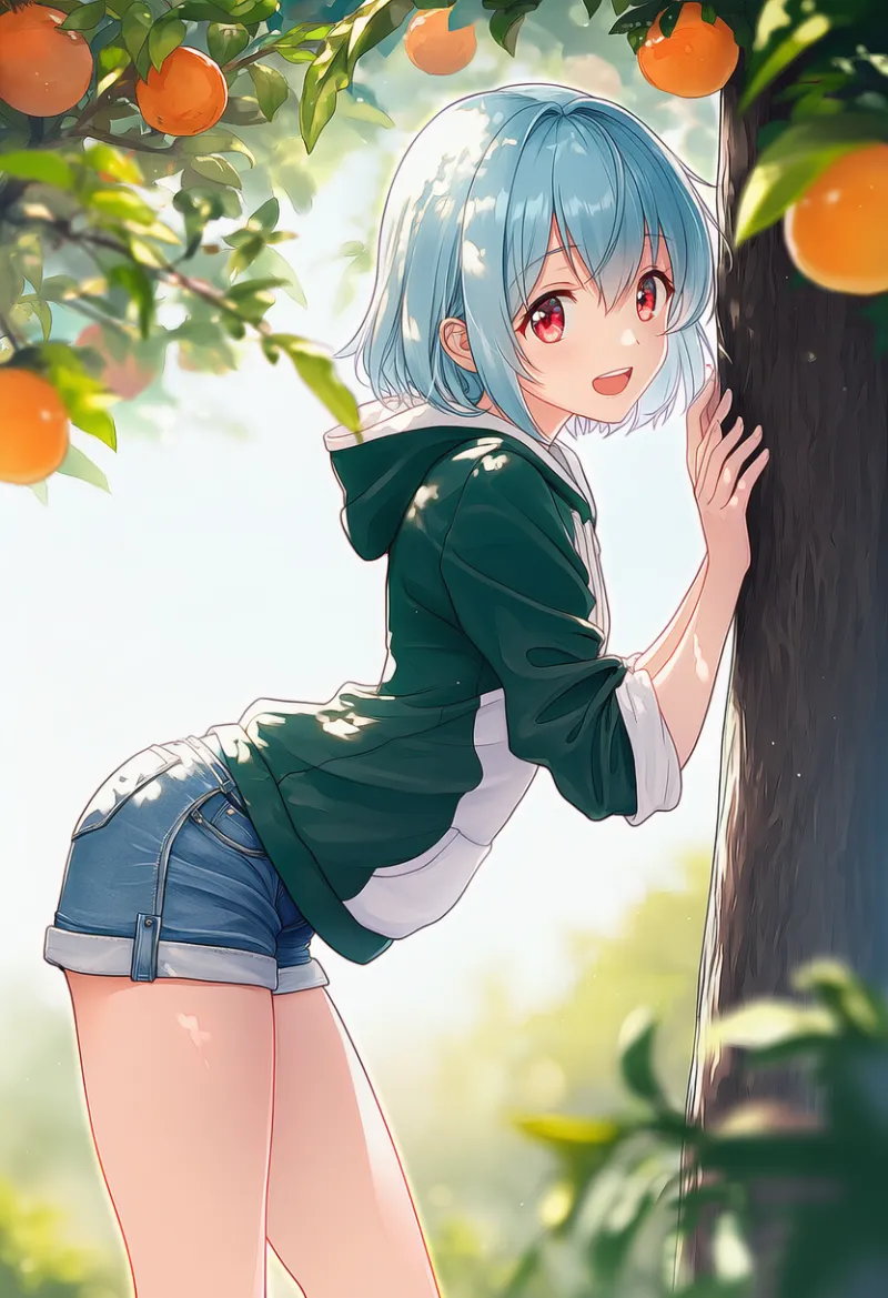 ダークグリーンフーディ × デニムショーツコーデのAIイラストとプロンプト紹介