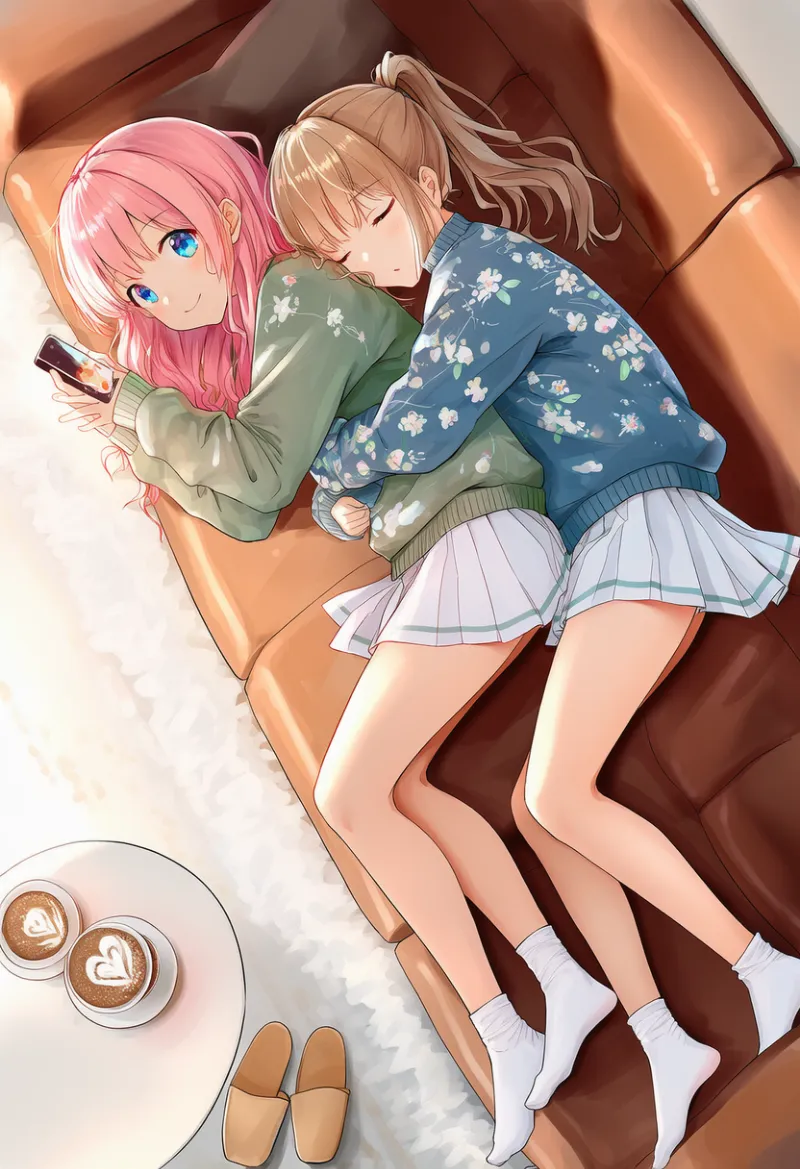 グリーンスウェット × 白ミニスカートの添い寝シーンのAIイラストとプロンプト紹介