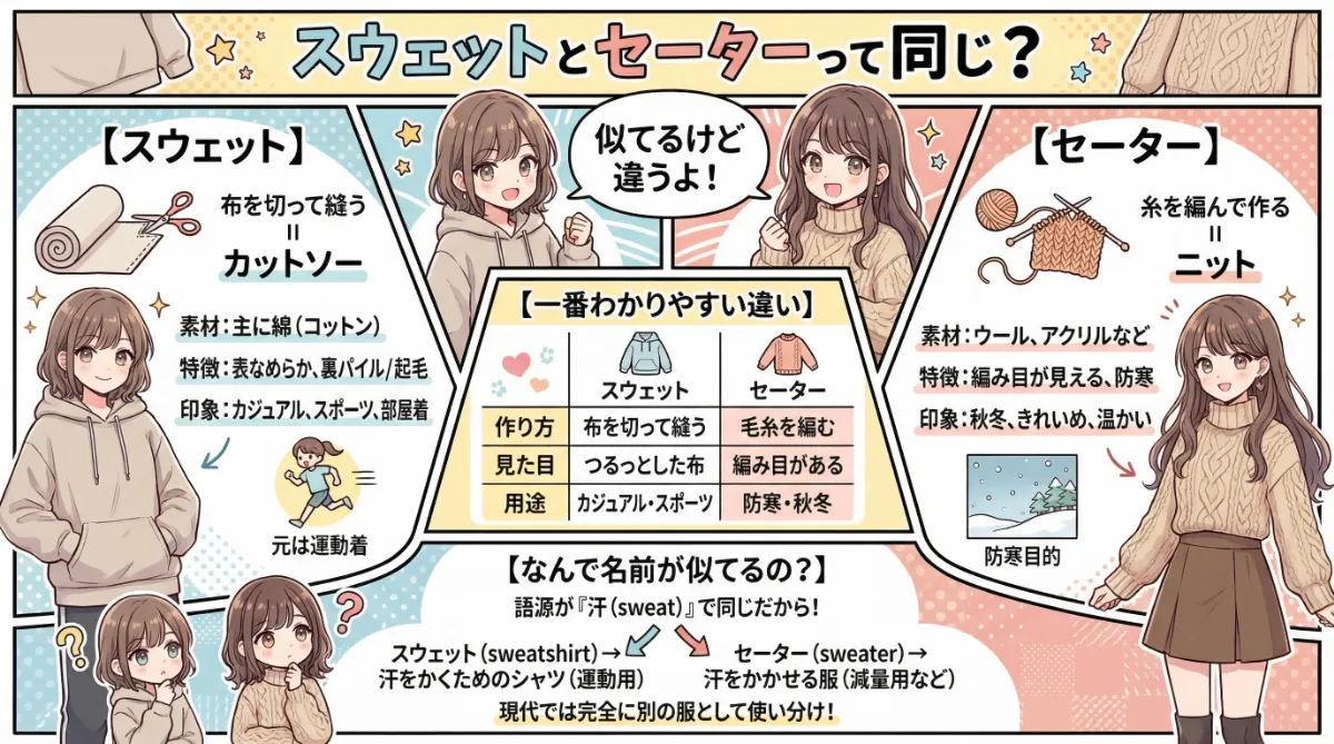 スウェットとセーターの違い(AI生成で混同される理由)の図解いらすtP