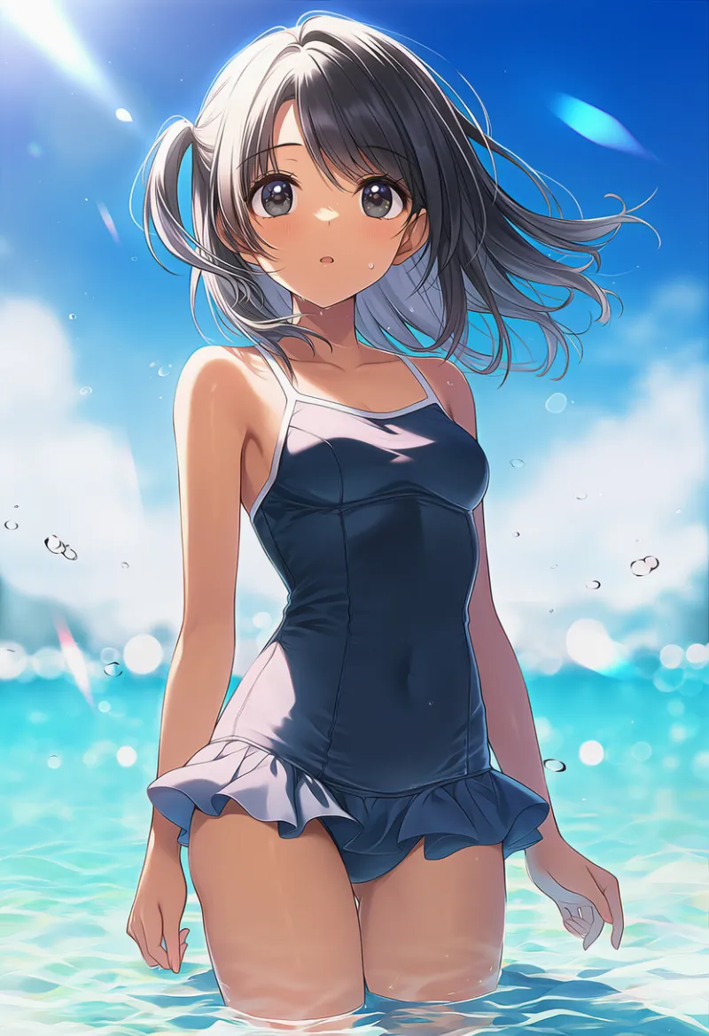 スカート付きスクール水着のプロンプトとAIイラスト