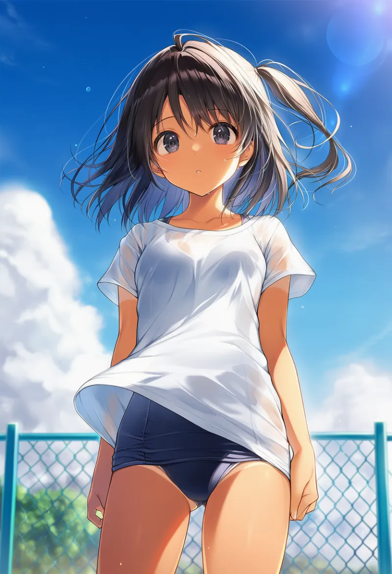 Tシャツの下にスクール水着を着たAIイラスト｜プロンプト紹介