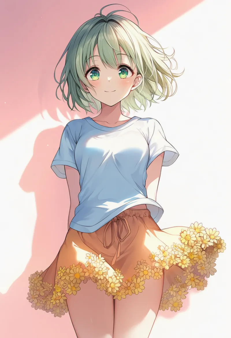 Tシャツと花柄の裾のスカート|春コーデのAIイラストとプロンプト紹介