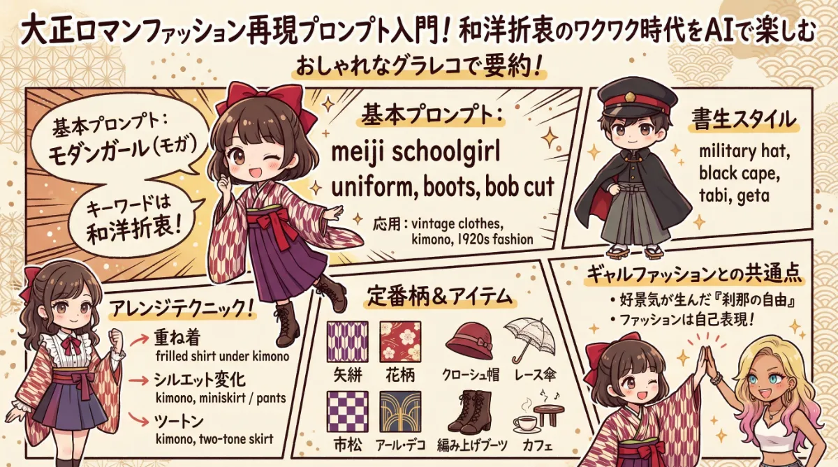 大正ロマンの服のプロンプト集のまとめ用の図解イラスト（グラレコ）