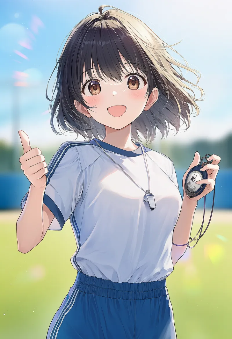 ストップウォッチを持ってグッドサインをする野球部マネージャーのAIイラストとプロンプト紹介