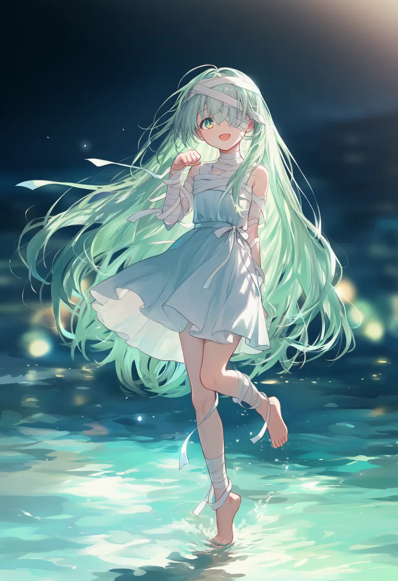 つま先立ちで片足を上げるのプロンプト紹介用のAIイラスト（包帯キャラクター）