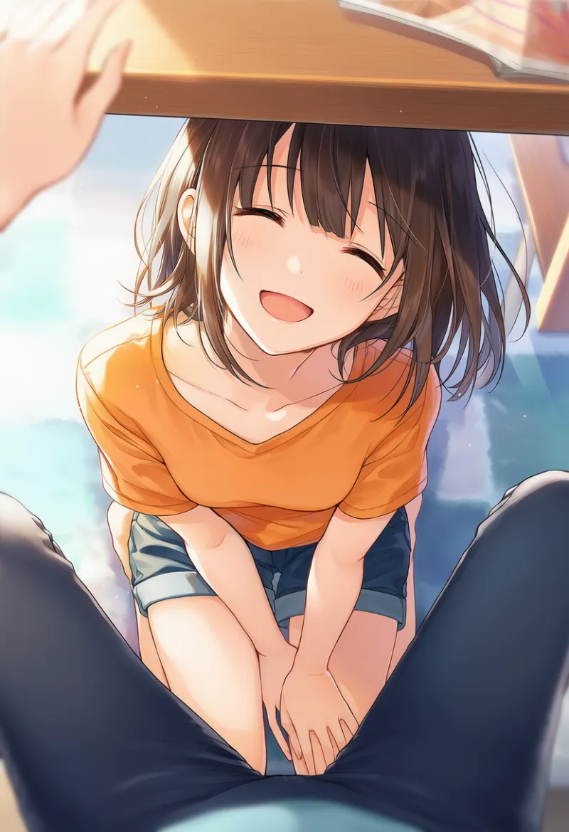 POV視点・キャラが机の下にいる構図のプロンプト｜AIイラスト