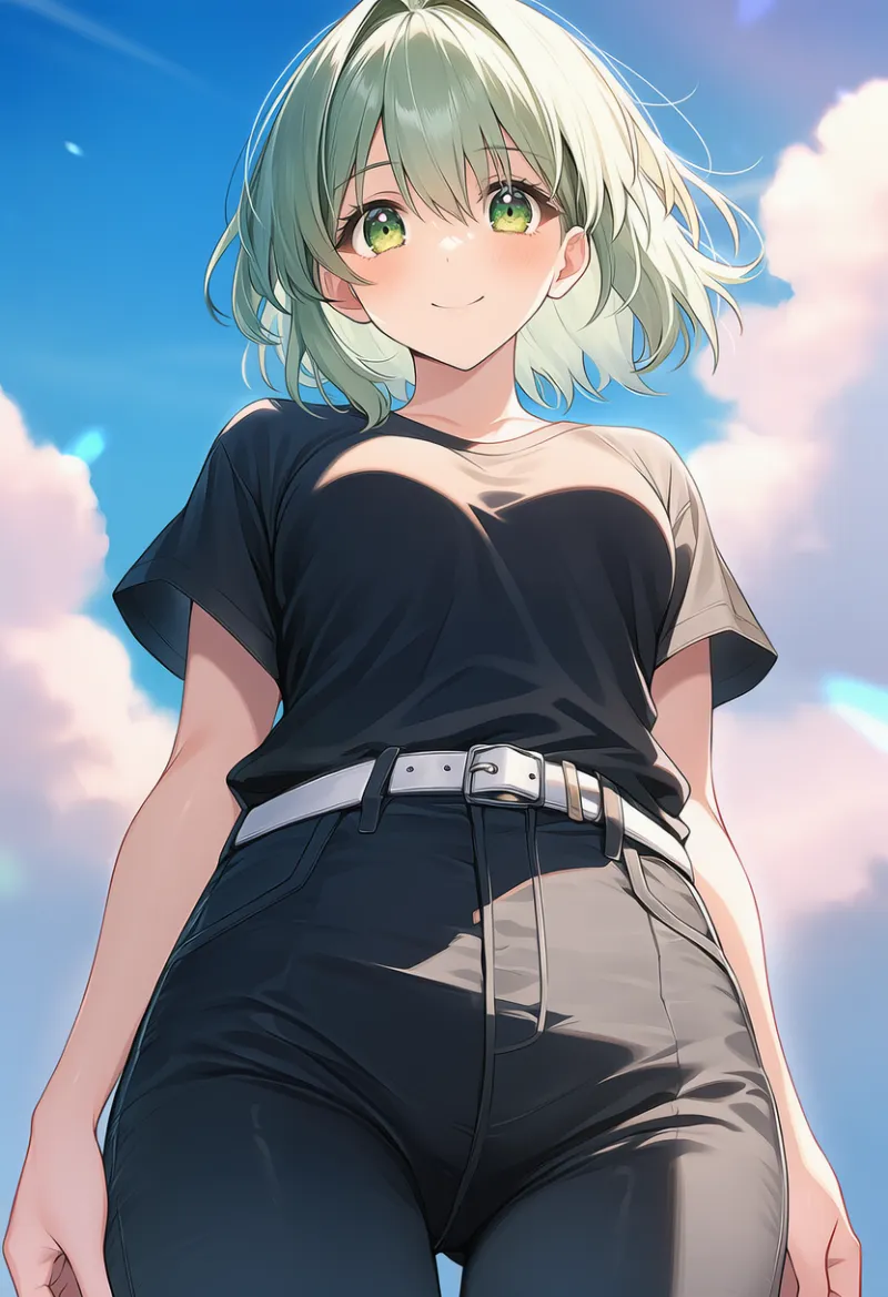 プロンプト：under shotにて生成したローアングルのAIイラスト作例