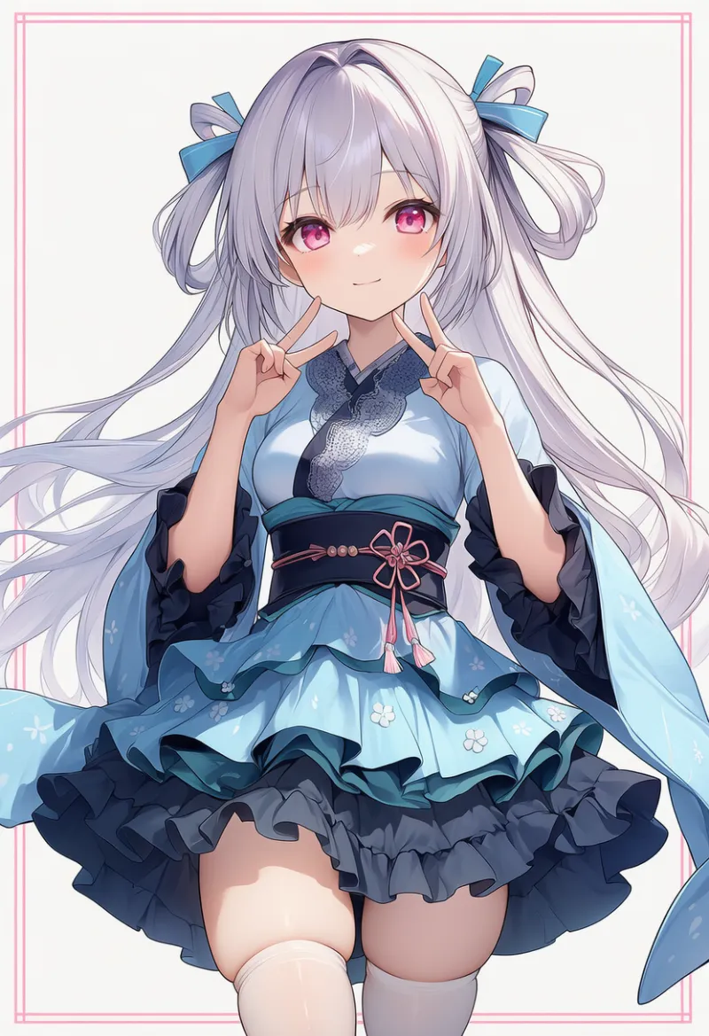 青色の和ロリータのAIイラスト作例