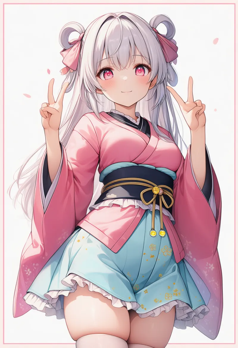 ピンク・水色・黄色の差し色の配色の和ロリータのAIイラスト作例