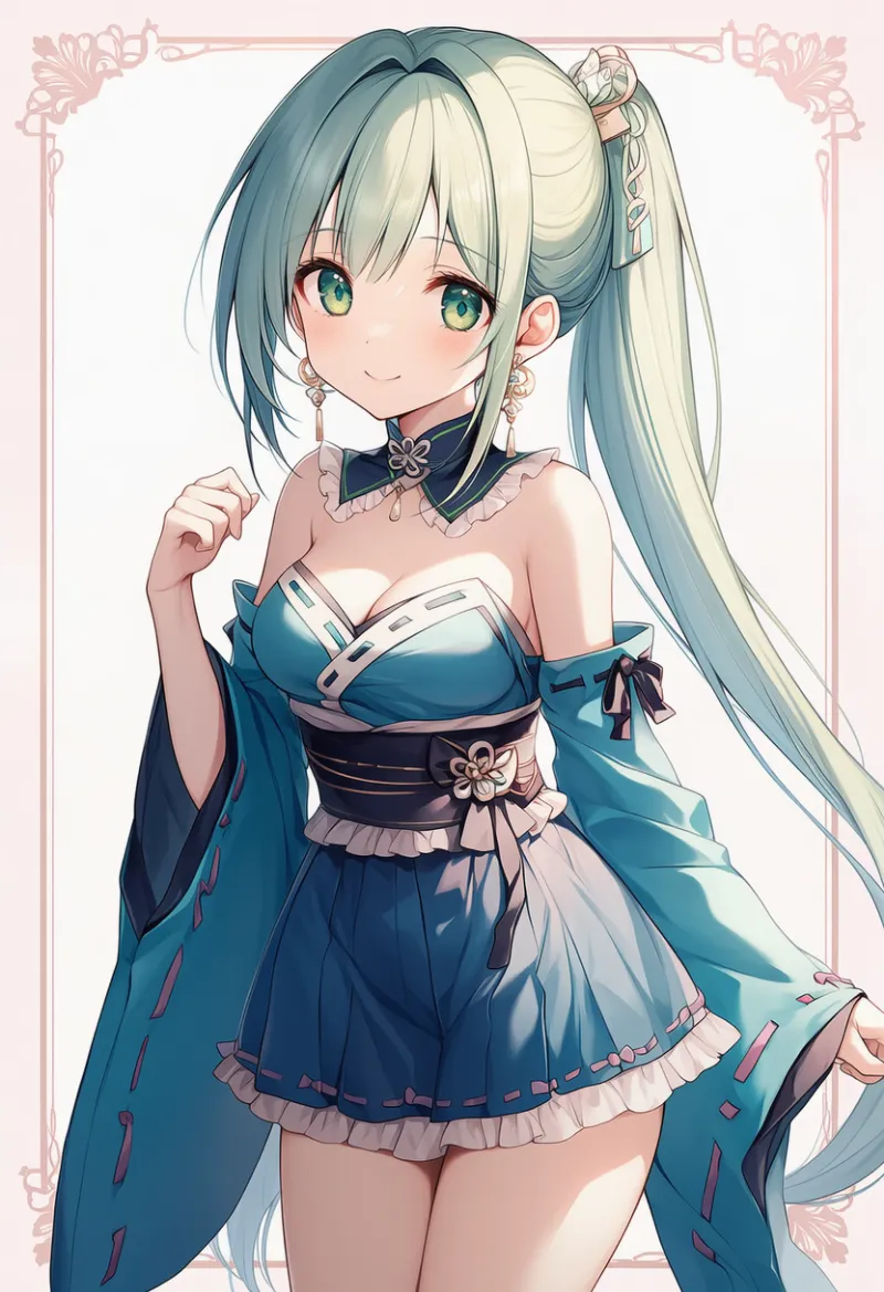 青色の和ロリータドレスと付け袖のコーデ|プロンプト紹介