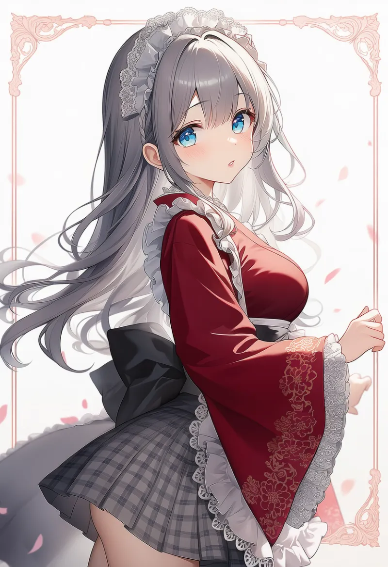 赤トップス×グレーチェックスカートの和ロリータコーデ|プロンプト紹介