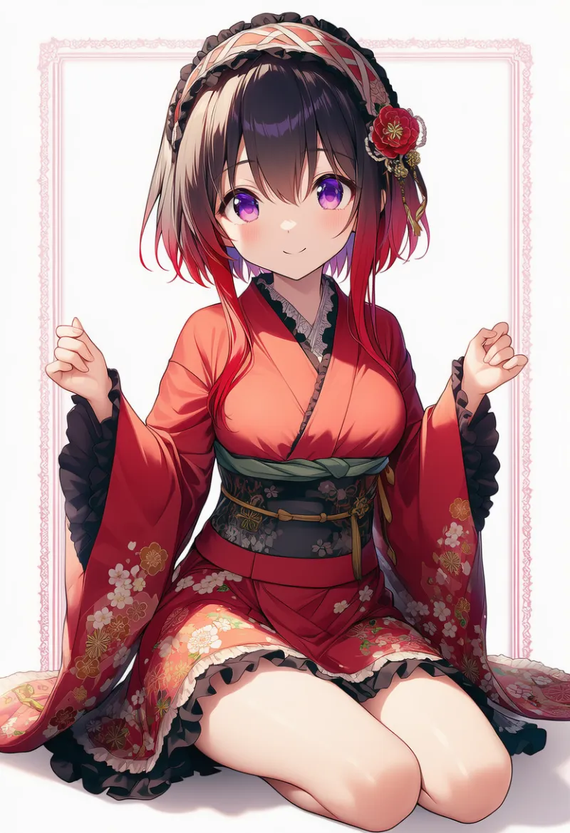 赤いフリル着物の和ロリータコーデ|プロンプト紹介