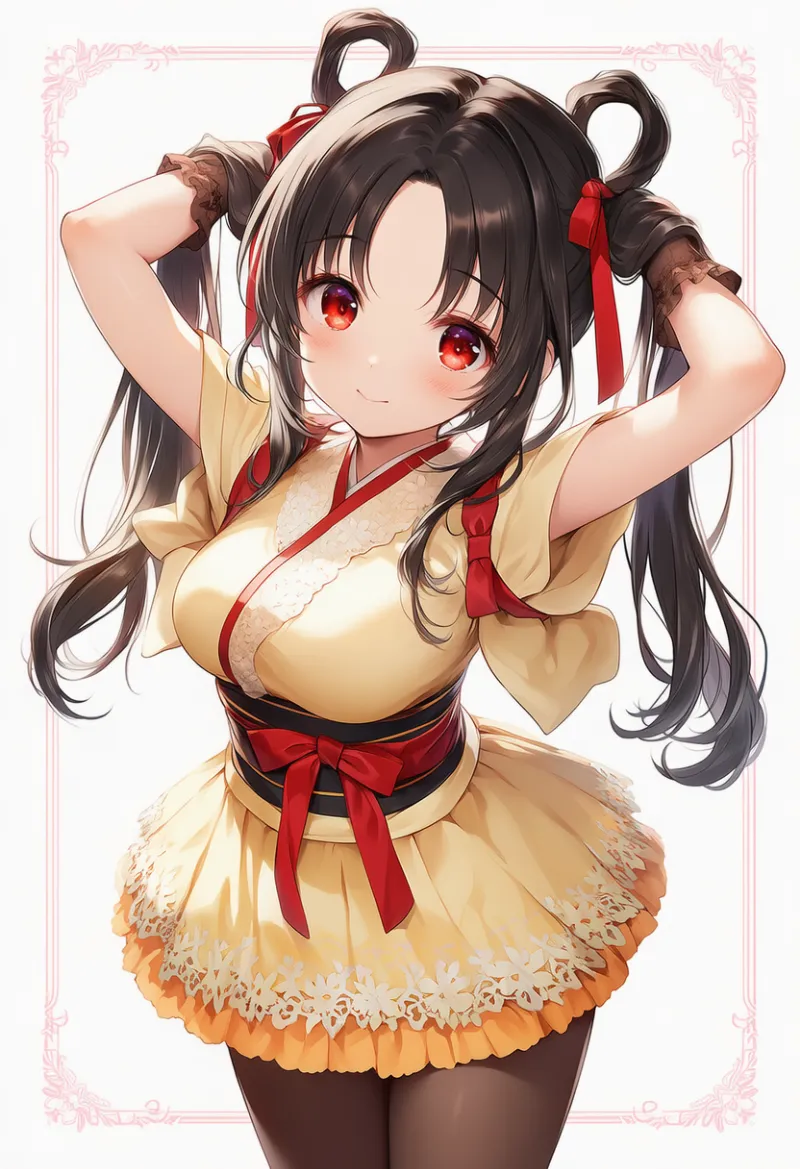 黄色のショート着物×赤い帯の和ロリータコーデ|プロンプト紹介