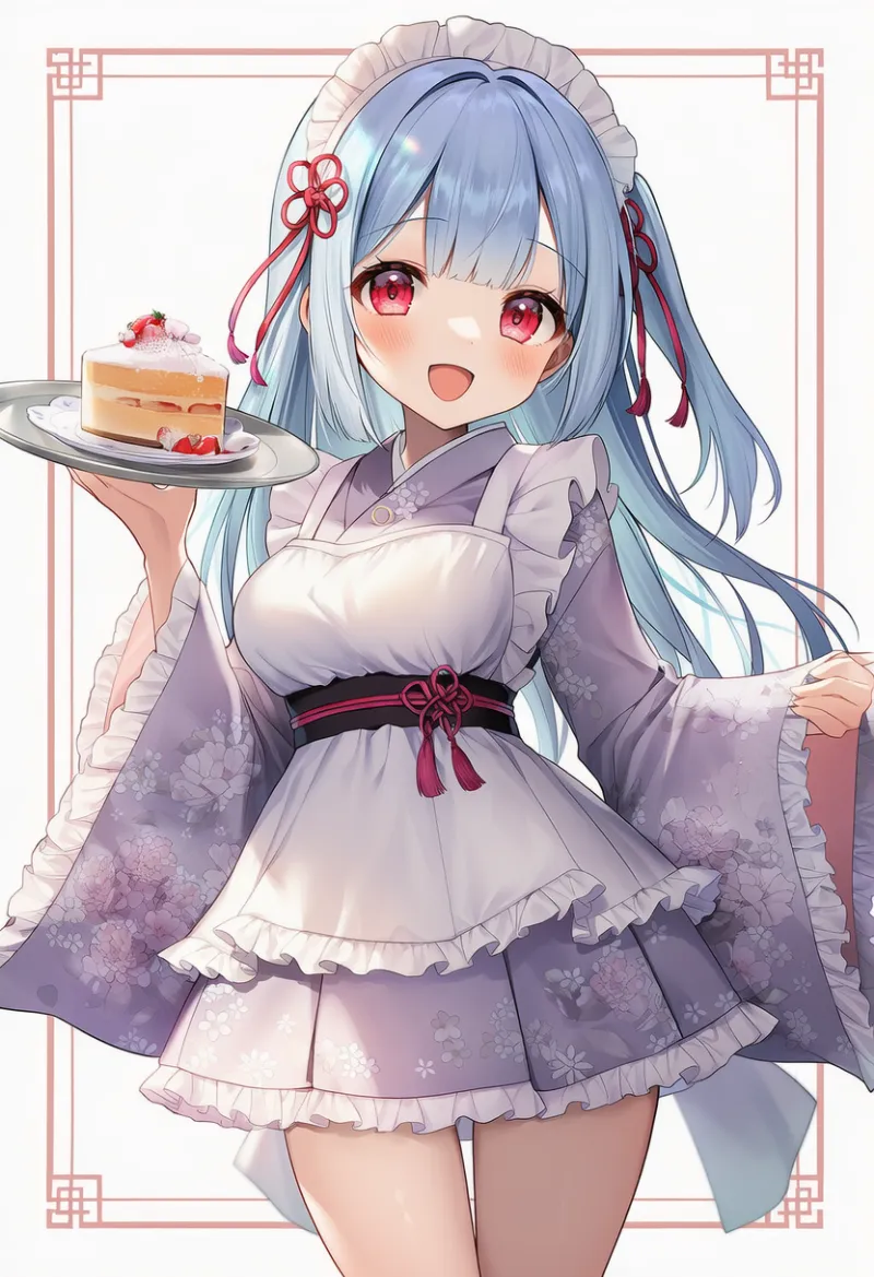 ライトパープルの和風メイドロリータドレス|プロンプト紹介