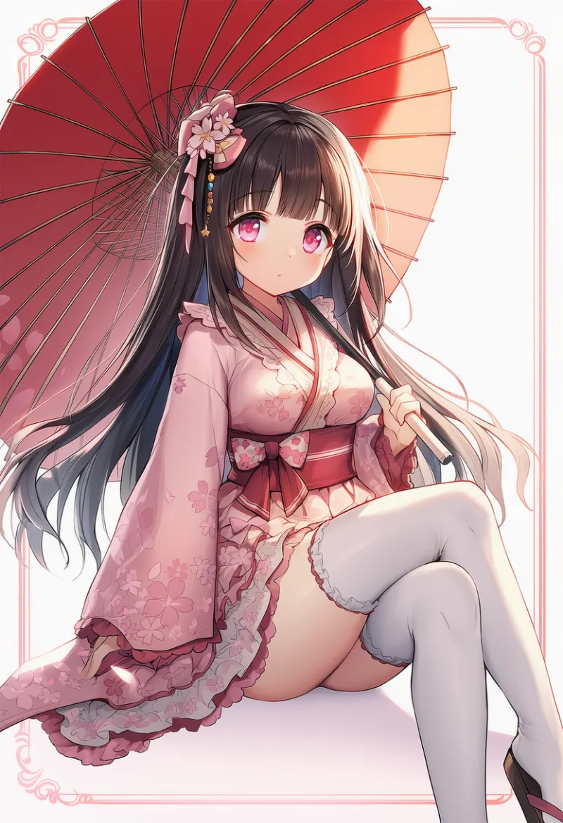 ピンク着物×白ニーハイの和ロリータコーデ|プロンプト紹介