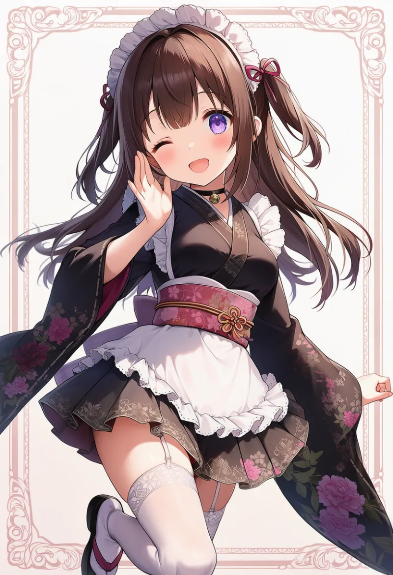 黒着物×ガーターストッキングの和ロリータコーデ|プロンプト紹介