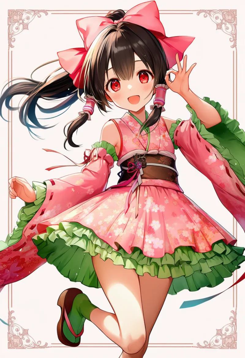 ピンク花柄フリル着物×緑フリル袖の和ロリータコーデ|プロンプト紹介