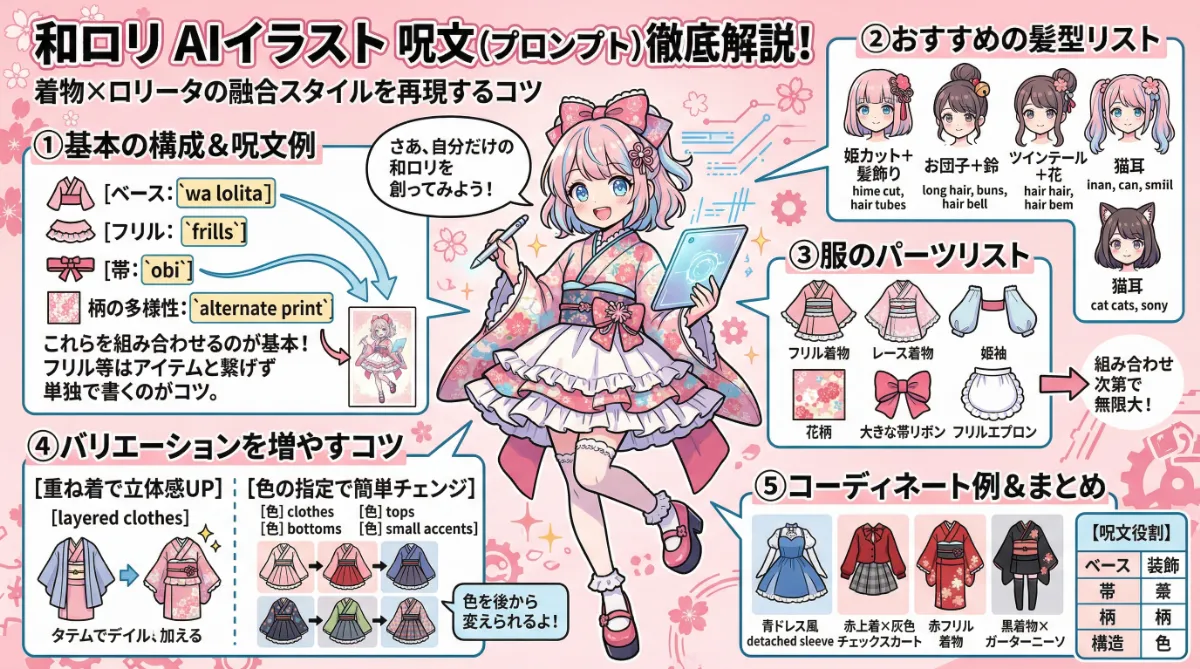 和ロリータの服装プロンプト集のまとめ用の図解イラスト(グラレコ)