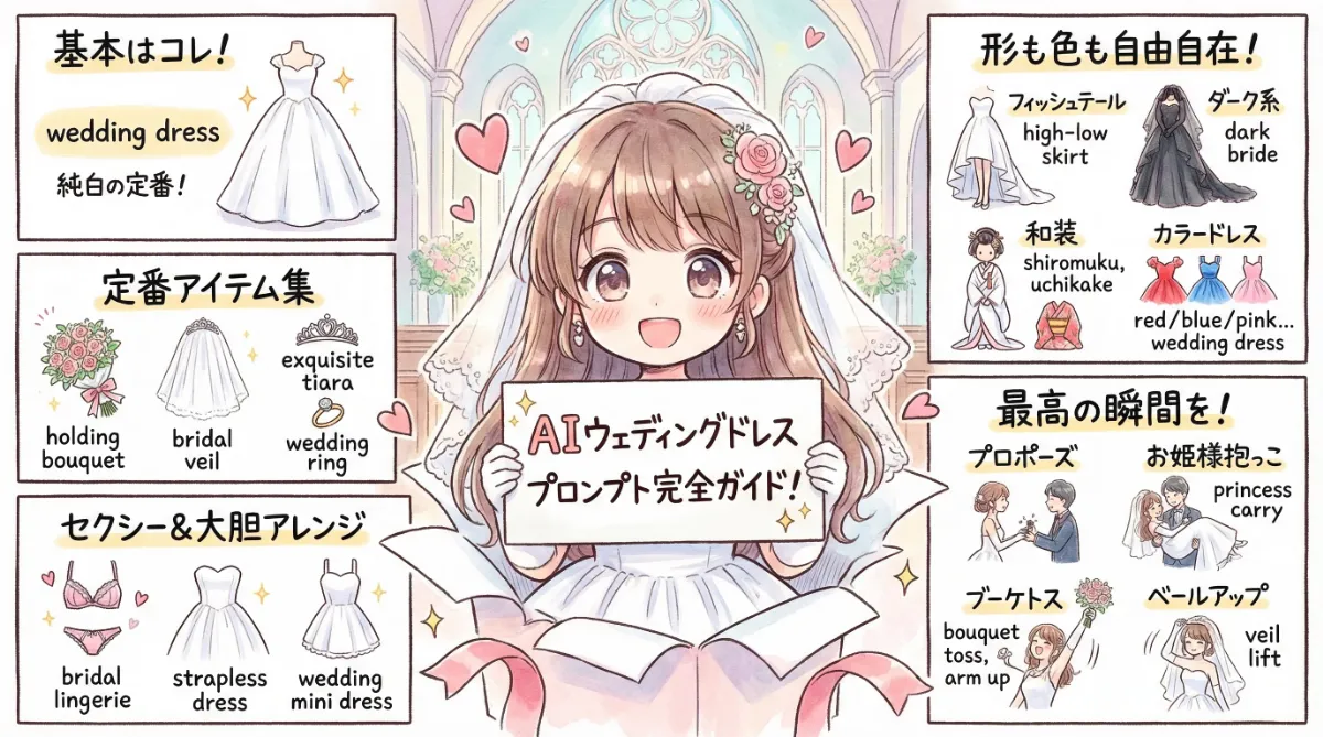ウェディングドレスのプロンプト集のまとめ用の図解イラスト（グラレコ）