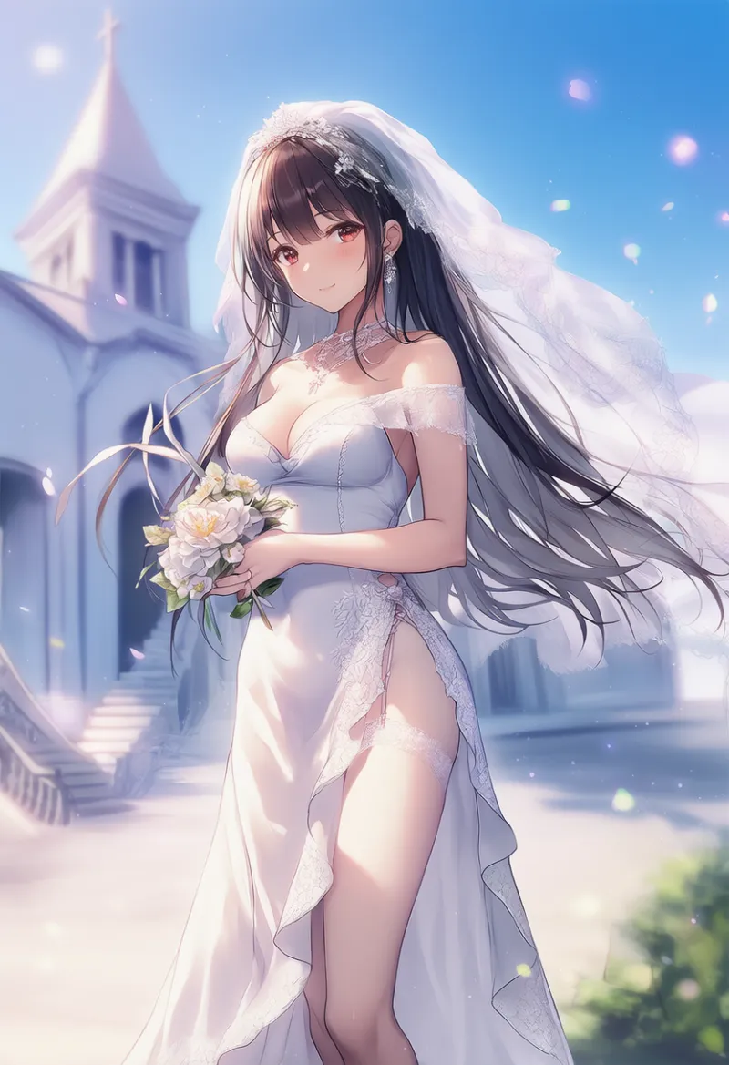 スリット入りのウェディングドレスのAIイラスト