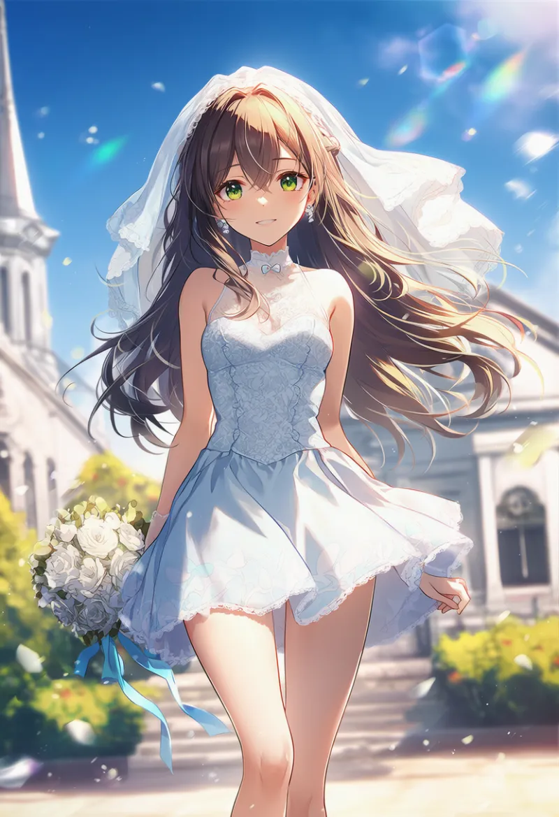 ミニドレスタイプのウェディングドレスのAIイラスト