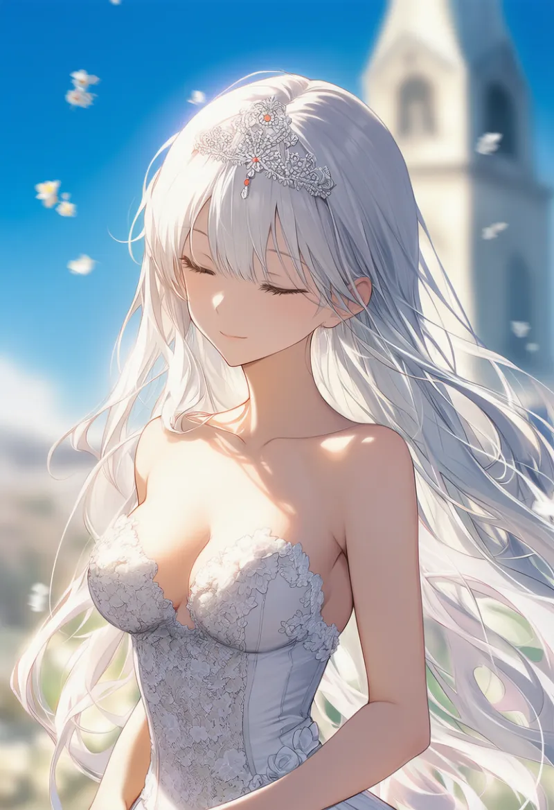 肩なしウェディングドレスのプロンプトとAIイラスト